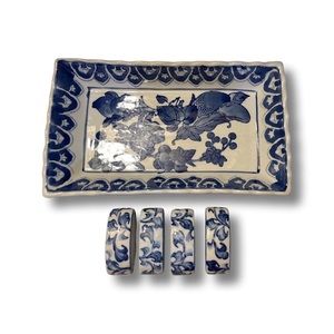 VTG Blue & White Floral Porcelain Tray & (4) Napkin Rings